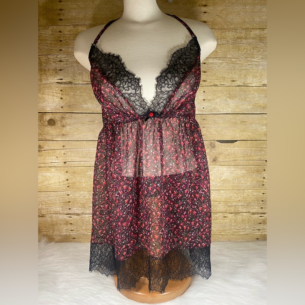 14/16 Cacique Lane Bryant Babydoll Gown Nightgown Lingerie Black Lace RedFloral